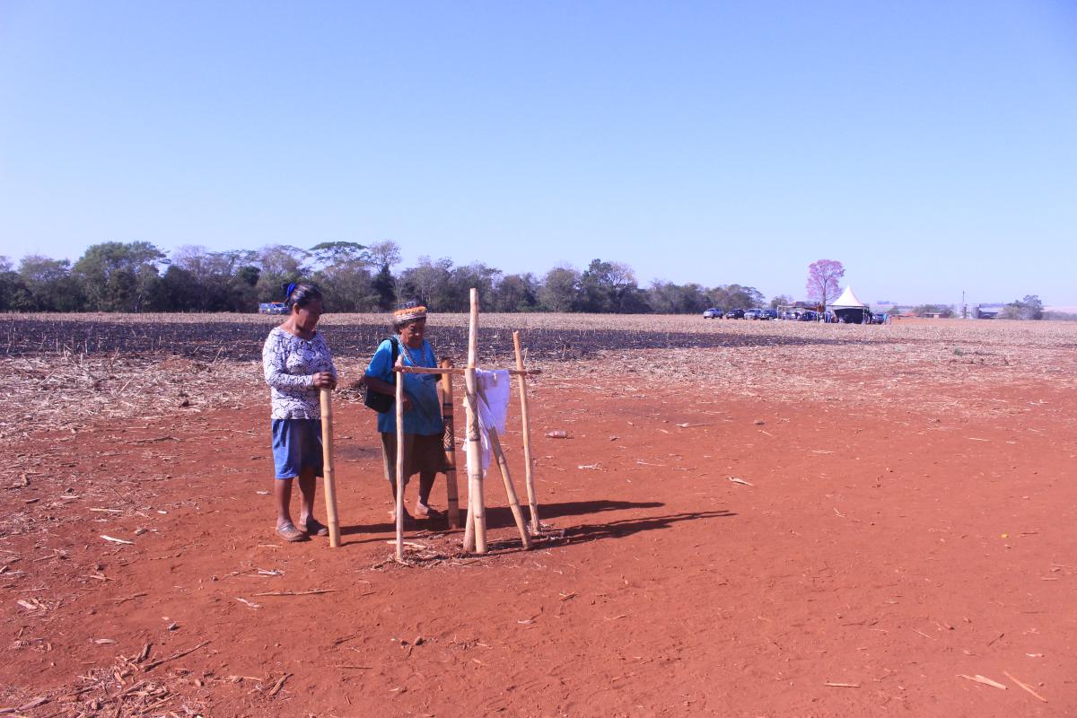 Mulheres guarani kaiowá cantam e rezam a poucos metros de acampamento de caminhonetes de fazendeiros, na retomada Yvyajere da TI Panambi-Lagoa Rica | Mariana Soares / ISA