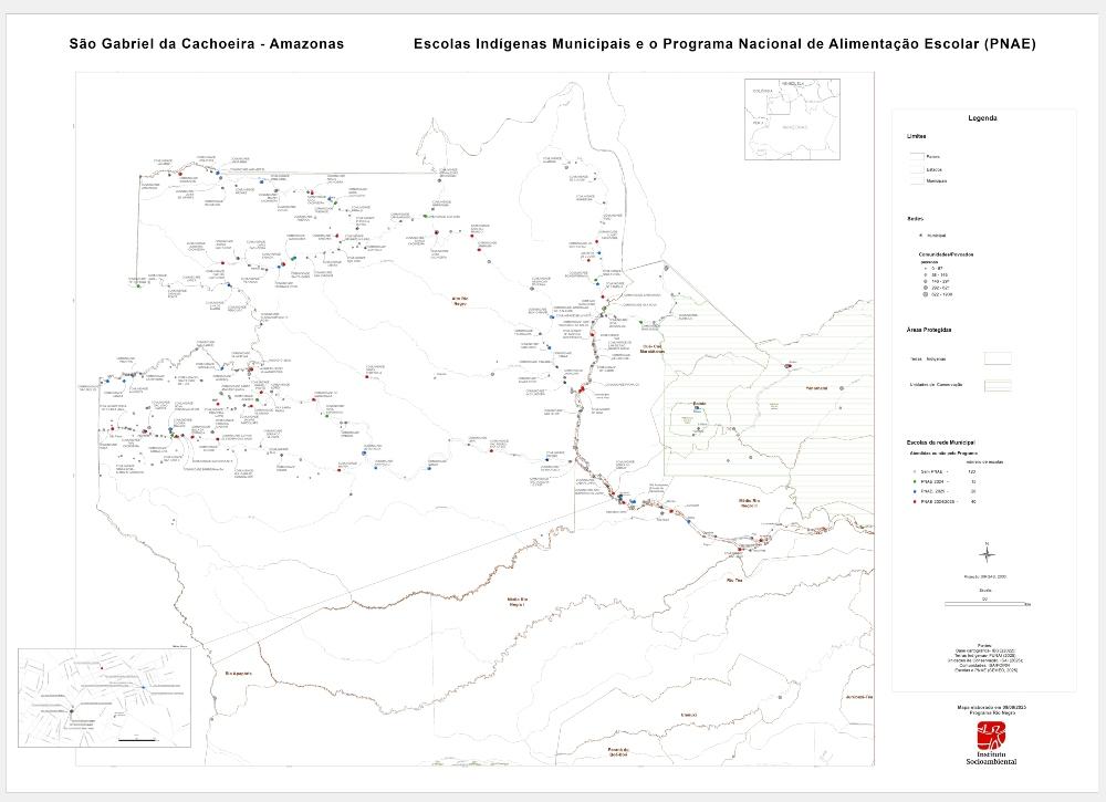Mapa mostra onde estão localizadas as escolas indígenas municipais e a presença do PNAE na região